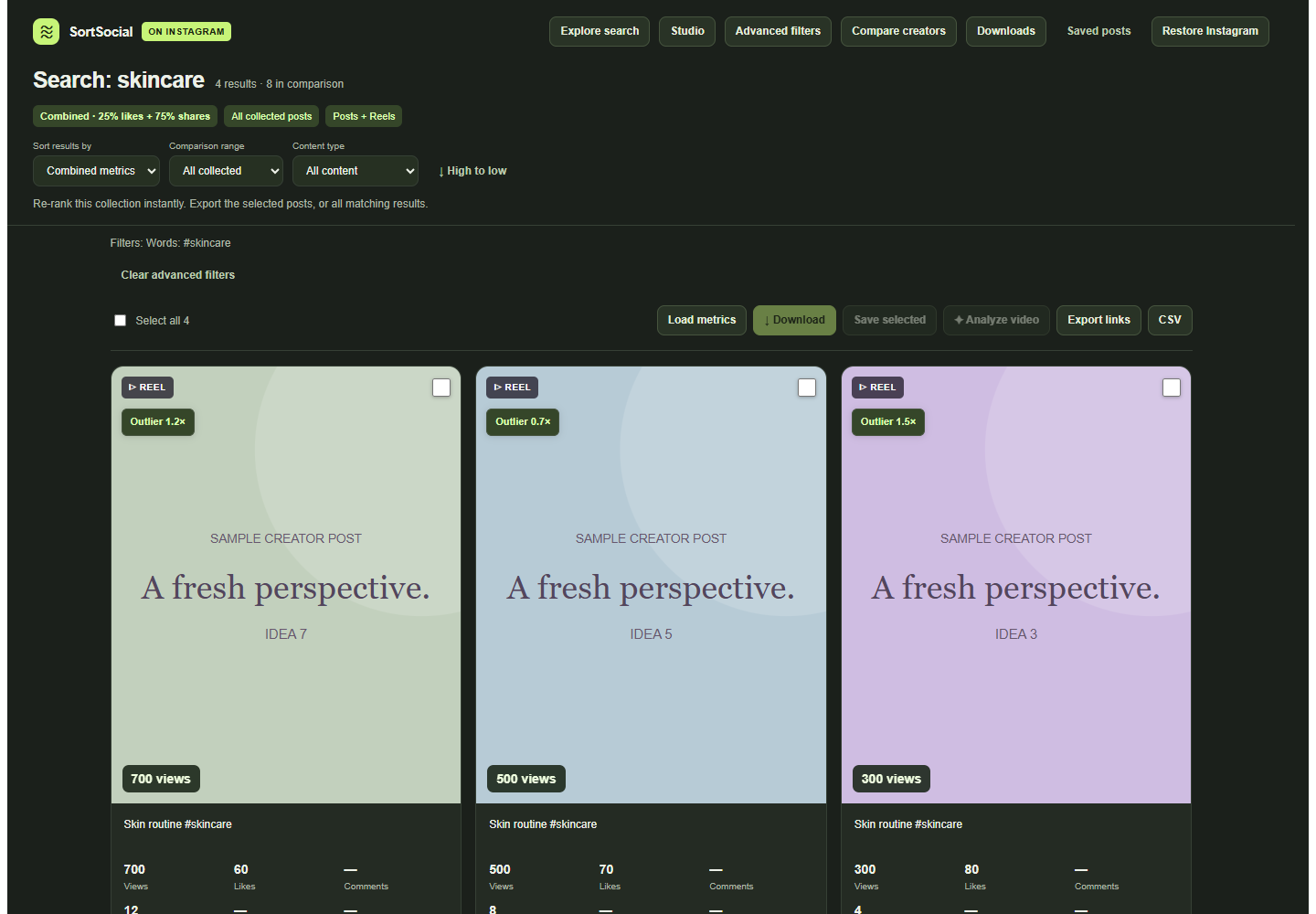 SortSocial Explore controls from the working browser extension
